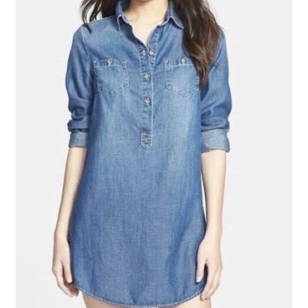 Lucky Brand Blue Chambray Tencel Linen Blend Long Sleeve Shirt Dress XL